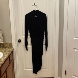 Marciano, plunging neckline, jersey knit, asymmetrical hem midi dress